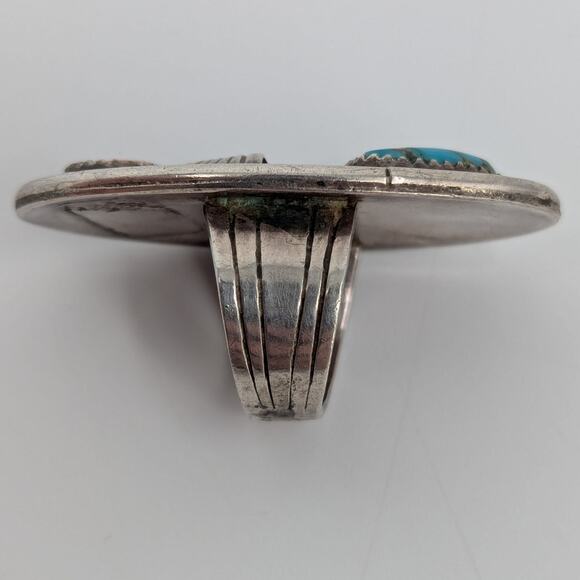 1960s Navajo Oval Sterling Silver Ring with Turquoise & Coral Chunky Native 5.5 - Picture 4 of 5